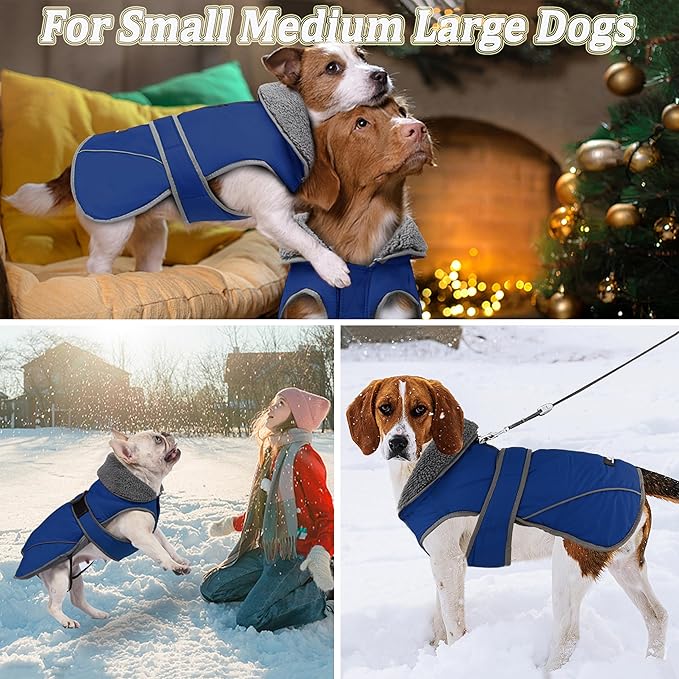 Dogcheer Dog Coat, Christmas Dog Jacket Waterproof Puppy Winter Coat for Cold Weather, Reflective Adjustable Pet Snow Jacket Warm Turtleneck Fleece Sweater for Small Medium Large Dogs - Blue, 2XL