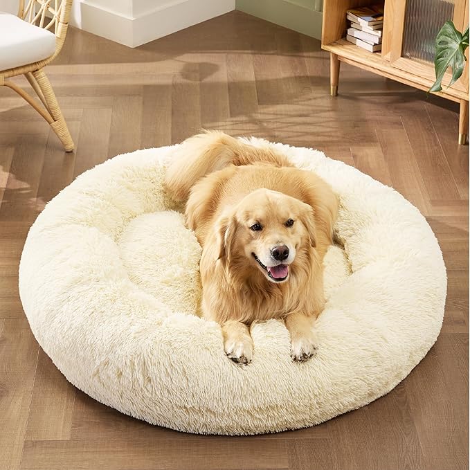 Bedsure Calming Dog Bed for Extra Large Dogs - Donut Washable Large Pet Bed, Anti-Slip Round Fluffy Plush Faux Fur Dog Bed, Fits up to 120 lbs Pets, Cream, 45 inches