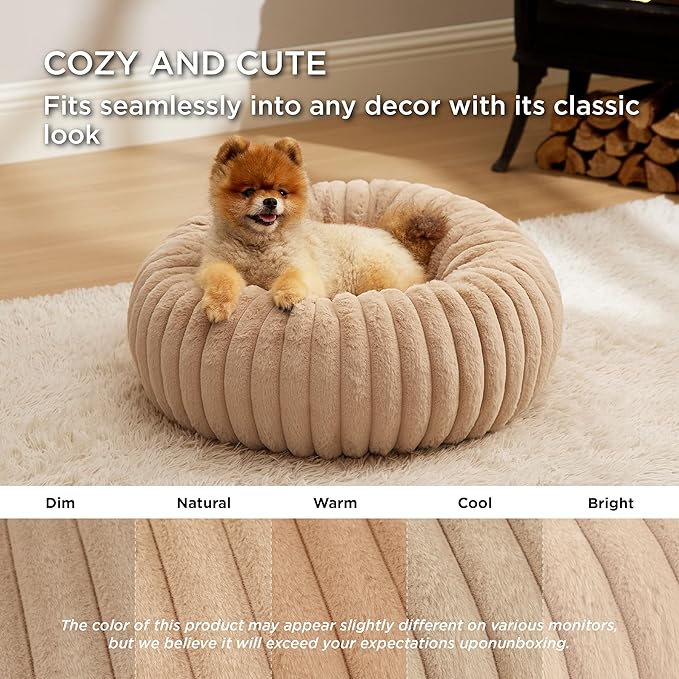 Bedsure Donut Small Dog Bed - Dog Beds for Small Dogs with Corduroy Fleece & Anti Slip Bottom, Round Faux Fur Pet Beds with Washable Removable Cover, Sandy Tan, 23x23x8 inches