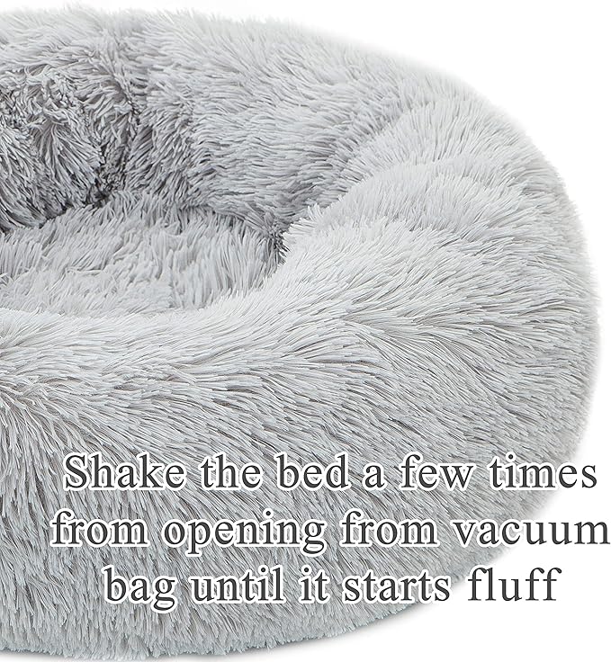 Calming Donut Dog Bed Medium, Plush Round Cuddler Dog & Cat Bed, Anit-Anxiety Marshmellow Fluffy Faux Fur Cushion(24", Light Grey)