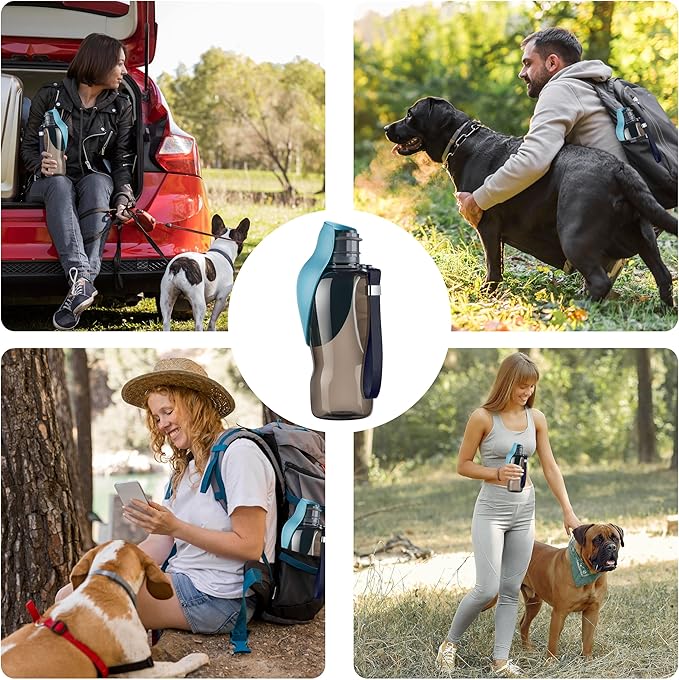 Portable Dog Water Bottle with Bowl, Leak Proof, Convenient for Walking, Hiking and Camping (Gray Blue, 27oz)