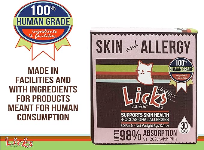 Licks Pill-Free Cat Skin & Allergy - Omega 3 Allergy Relief - Cat Vitamins & Supplements for Itchy Skin - Turmeric Supplement - Gel Packets - 30 Use