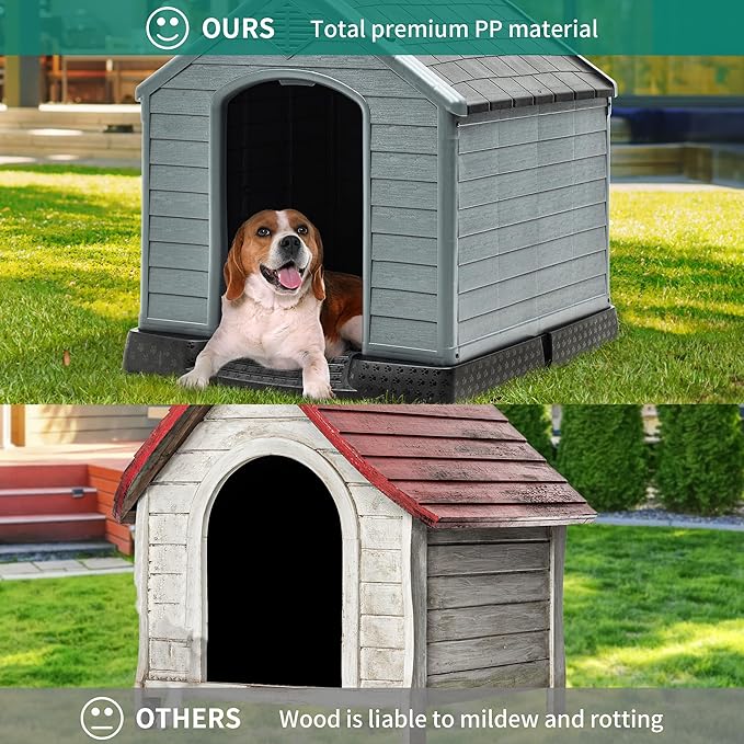 YITAHOME Large Plastic Dog House Outdoor Indoor Doghouse Puppy Shelter Water Resistant Easy Assembly Sturdy Dog Kennel with Air Vents and Elevated Floor