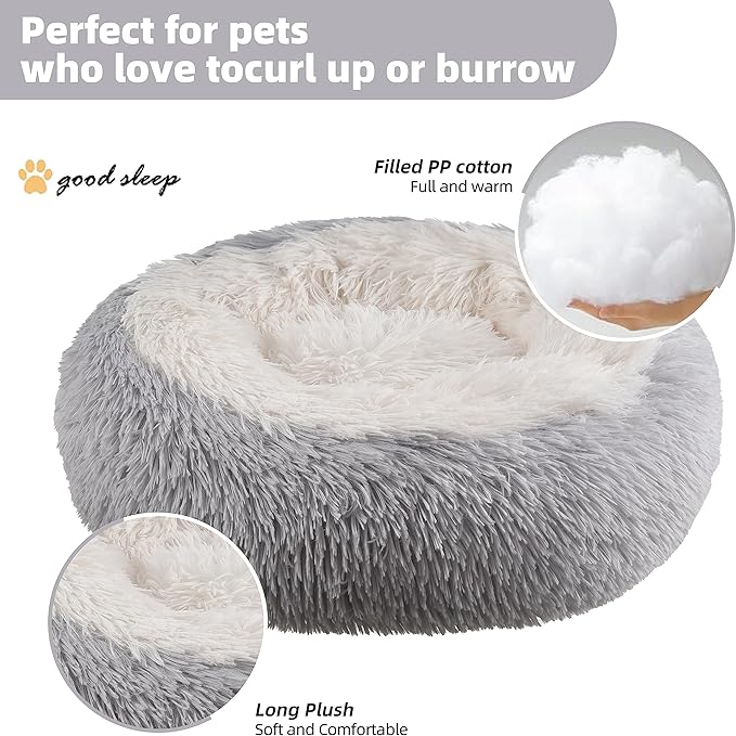 Something Different Calming Cat Beds for Indoor Cats,Anti Anxiety Round Fluffy Cat Bed,Soft Plush Pet Cushions,Dount Pet Bed with Slip-Resistant and Waterproof Bottom,Machine Washable,20”,Grey