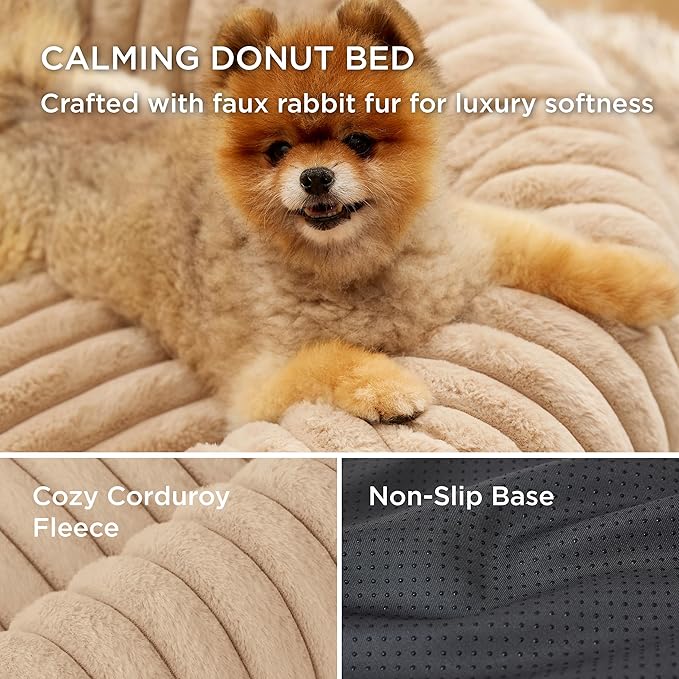 Bedsure Donut Small Dog Bed - Dog Beds for Small Dogs with Corduroy Fleece & Anti Slip Bottom, Round Faux Fur Pet Beds with Washable Removable Cover, Sandy Tan, 27x27x8 inches