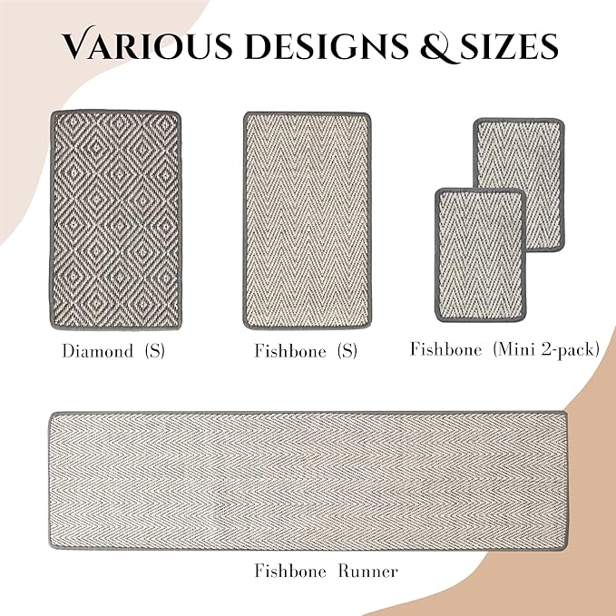 Boho Sisal Cat Scratcher Mat with Hook and Loop Strips (Scratch Protector for Carpet, Sofa, Wall and Furniture), Durable and Shedding-Resistant Surface (Mini 2-Pack, Fishbone)