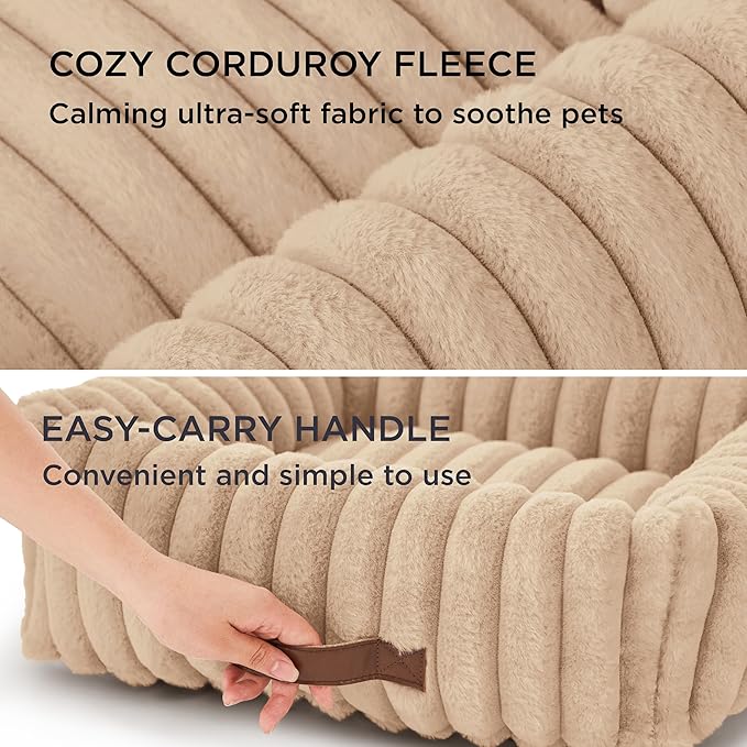 Bedsure Cute Dog Bed for Small Medium Dogs - Washable Furry Puppy Beds, Rectangle Orthopedic Corduroy Fleece Pet Beds with Removable Zipper Cover, 25x21x7inches,Sandy Tan