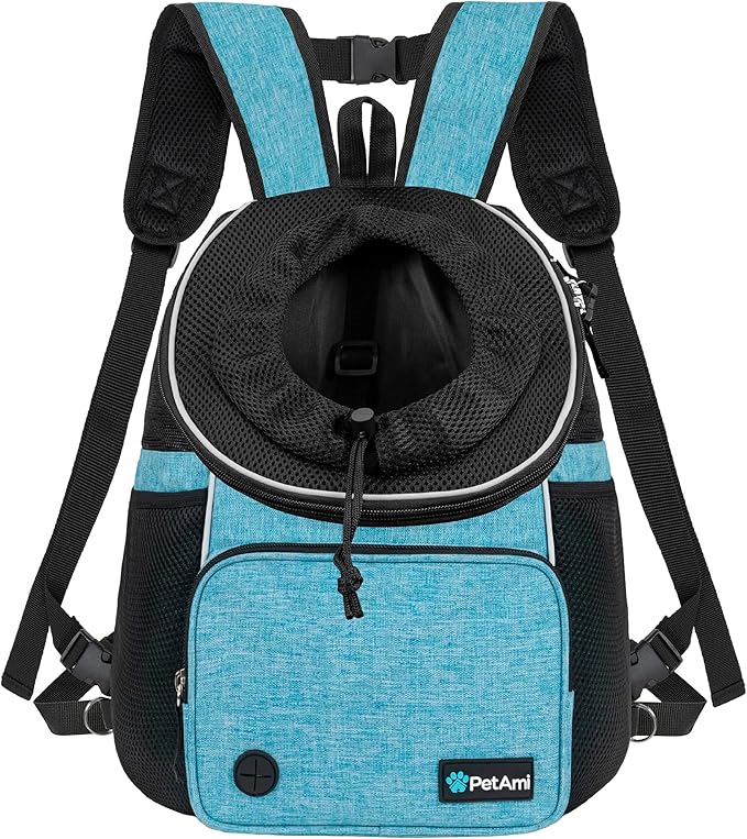 PetAmi Adjustable Cat & Dog Chest Carrier Backpack, Ventilated for Hiking & Camping, Max 15 lbs, Teal Blue