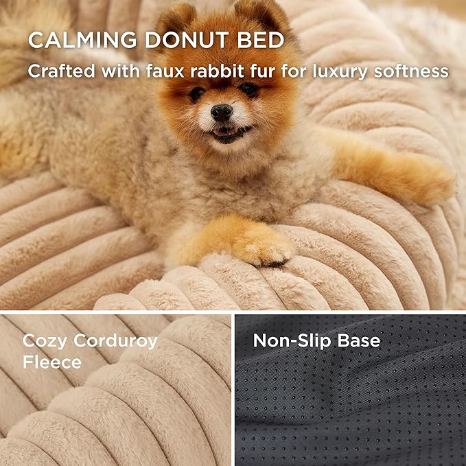 Bedsure Donut Medium Dog Bed - Washable Faux Fur Dog Bed Medium Size Dog with Corduroy Fleece & Anti Slip Bottom, Round Pet Beds with Removable Cover, Sandy Tan, 30x30x8 inches
