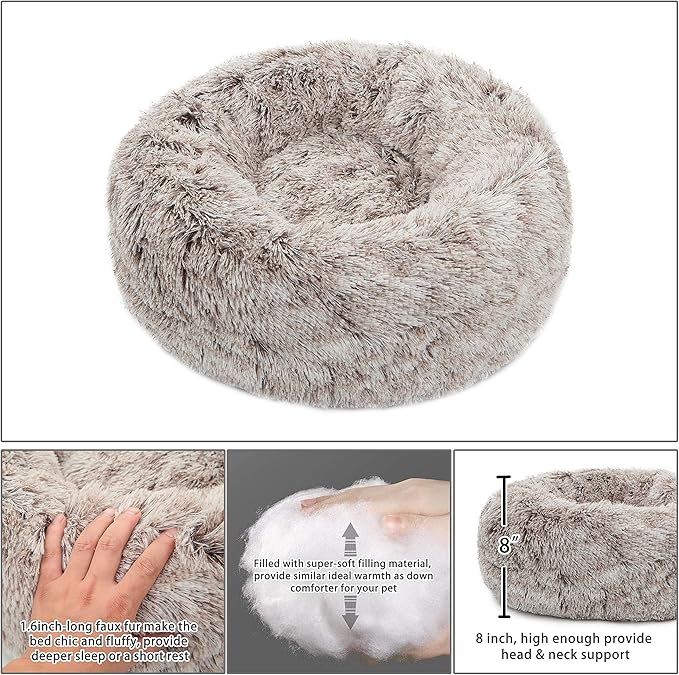 Calming Donut Dog Bed Large, Plush Round Cuddler Dog & Cat Bed, Anit-Anxiety Marshmellow Fluffy Faux Fur Cushion(28", Brown)