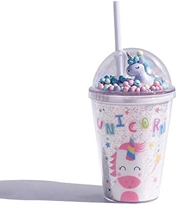 Unicorn Cups with Straw Party Cup Travel Tumblers Ice Coffee Mugs Reusable Plastic Cup Water Bottle Birthday Gfit (pink unicorn, 380ml)