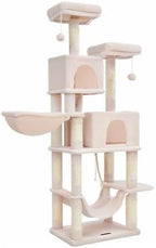Taoqimiao Cat Tree, 66.2-Inch Cat Tower for Indoor Cats, Plush Multi-Level Cat Condo with 12 Scratching Posts, 2 Perches, 2 Caves, Hammock, 2 Pompoms, Jelly Pink MS013P