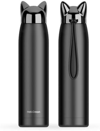 Insulated Bottle for Cat Lover Gift: 11oz Slim Stainless Steel Water Bottle Leak-Proof for Travel Backpack - Small Cute Cat Tumbler Coffee Flask for Women Purse - Black 320ml