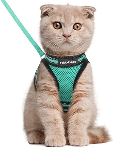 rabbitgoo Cat Harness and Leash Set for Walking Escape Proof, Adjustable Soft Kittens Vest with Reflective Strip for Cats, Comfortable Outdoor Vest,Green,L