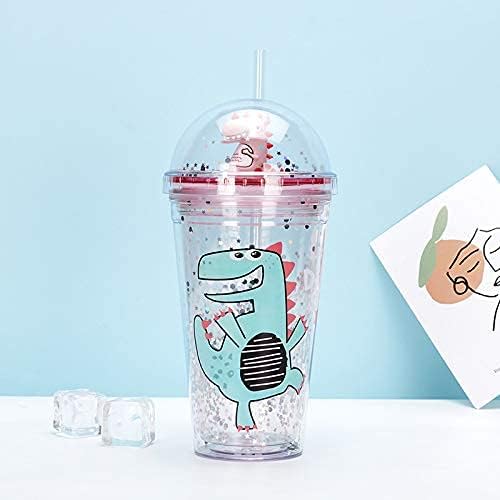 Dinosaur Cups with straw Travel Tumblers Water Bottle Ice Mugs Plastic Party Cup Birthday Gift (pink dinosaur, 6.5 * 20 cm)