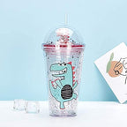 Dinosaur Cups with straw Travel Tumblers Water Bottle Ice Mugs Plastic Party Cup Birthday Gift (pink dinosaur, 6.5 * 20 cm)
