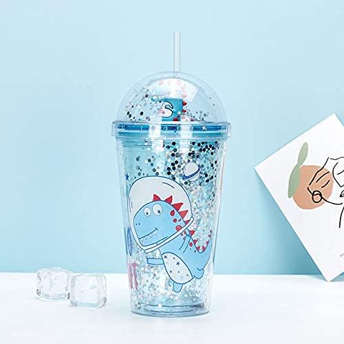 Dinosaur Cups with straw Travel Tumblers Water Bottle Ice Mugs Plastic Party Cup Birthday Gift (blue dinosaur, 6.5 * 20 cm)