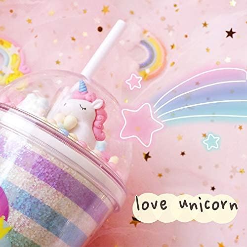 Unicorn Cups with Straw Party Cup Travel Tumblers Ice Coffee Mugs Reusable Plastic Cup Water Bottle Birthday Gfit (pink unicorn, 380ml)