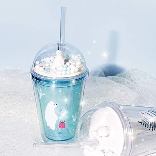 Polar Bear Travel Tumblers Cups with Straw kids Party Cup Reusable Plastic Cup Water Bottle (blue bear, 380 ml)
