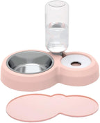 Dog Bowls, Puppy Cat Food and Water Bowl Set with Water Dispenser and Stainless Steel Bowl Non-Slip Mat, Detachable Gravity Pet Feeder and Waterer Set for Cats Dogs Puppy Rabbit (Pink)