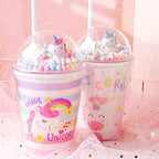 Unicorn Cups with Straw Party Cup Travel Tumblers Ice Coffee Mugs Reusable Plastic Cup Water Bottle Birthday Gfit (pink unicorn, 380ml)