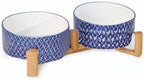 Selamica Ceramic 30 OZ Dog Bowls, Dog Food and Water Bowls with Wooden Stand, Anti-Slip Dog Dishes Set for Cats Small & Medium Sized Dogs, Weighted Pet Bowls Set of 2, Vintage Blue A