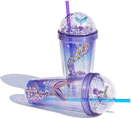 Mermaid Travel Tumblers Cups with Straw Party Cup Water Bottle Ice Coffee Mugs Birthday Gift (mermaid 1, 420 ml)