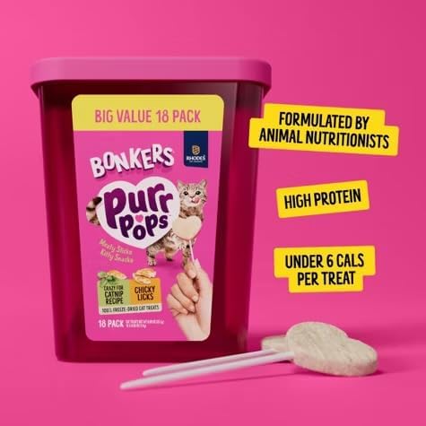 Bonkers Purrpops Freeze Dried Chicken & Catnip Flavor Lollipop Cat Treats, Healthy Real Meat Treats, Training Treats or Food Topper, for All Breeds and Ages, Value Pack (18 Pieces)
