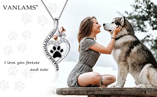 VANLAMS Womens 925 Sterling Silver Bone Love Heart Dog Paw Print Pendant Necklace I Love You Forever and Ever, Gifts for Dog Owner