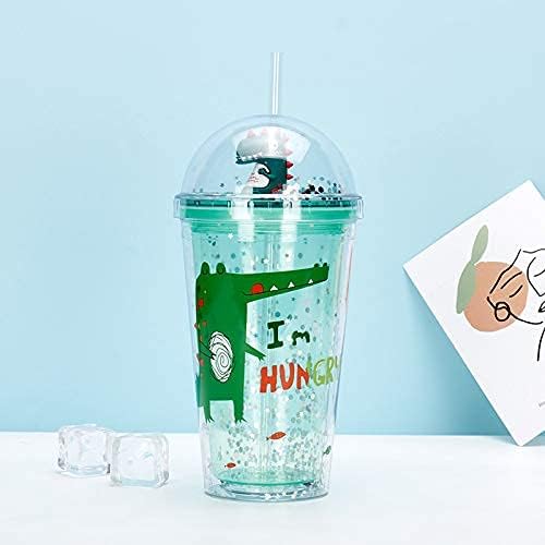 Dinosaur Cups with straw Travel Tumblers Water Bottle Ice Coffee Mugs Plastic Party Cup Birthday Gift (green dinosaur, 6.5 * 20 cm)