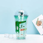 Dinosaur Cups with straw Travel Tumblers Water Bottle Ice Coffee Mugs Plastic Party Cup Birthday Gift (green dinosaur, 6.5 * 20 cm)