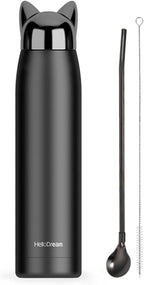 Insulated Bottle for Cat Lover Gift: 11oz Slim Stainless Steel Water Bottle Leak-Proof for Travel Backpack - Small Cute Cat Tumbler Coffee Flask for Women Purse - Black 320ml