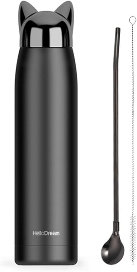 Insulated Bottle for Cat Lover Gift: 11oz Slim Stainless Steel Water Bottle Leak-Proof for Travel Backpack - Small Cute Cat Tumbler Coffee Flask for Women Purse - Black 320ml