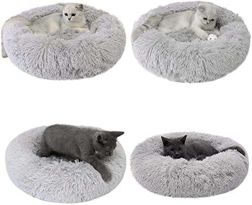 Cat Beds for Indoor Cats - Cat Bed Washable 24 inches, Dog Beds for Small Medium Dogs, Anti Anxiety Round Fluffy Plush Faux Fur Cat Bed, Thick Bottom (Light Grey, Large)