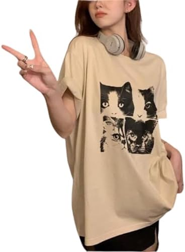 Y2k Oversized Graphic Print Tees Shirts Cat Print Tee Vintage Fruit Baggy Tshirt Coastal Streetwear Cat Print Tee
