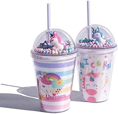 Unicorn Cups with Straw Party Cup Travel Tumblers Ice Coffee Mugs Reusable Plastic Cup Water Bottle Birthday Gfit (pink unicorn, 380ml)