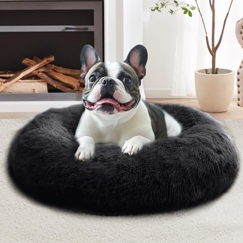 JOLLYVOGUE Calming Dog & Cat Bed for Large Dogs, Anti-Anxiety Donut Cuddler Cozy Soft Round Bed with Anti-Slip Bottom, Fluffy Faux Fur Plush Cushion Beds for Medium Dogs (36")