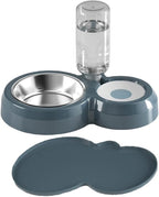 Dog Bowls, Puppy Cat Food and Water Bowl Set with Water Dispenser and Stainless Steel Bowl Non-Slip Mat, Detachable Gravity Pet Feeder and Waterer Set for Cats Dogs Puppy Rabbit (Dark Blue)