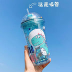Dinosaur Cups with straw Travel Tumblers Water Bottle Ice Mugs Plastic Party Cup Birthday Gift (blue dinosaur, 6.5 * 20 cm)