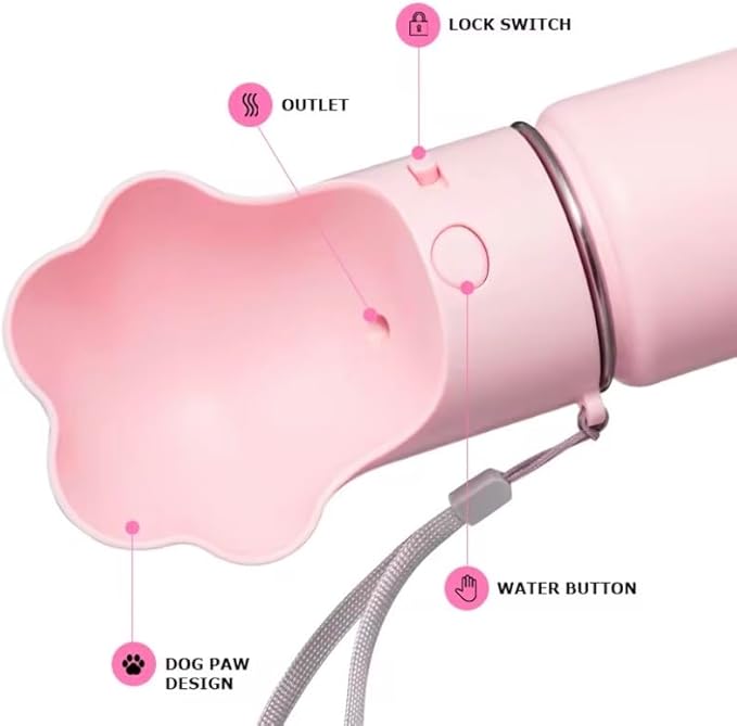 Gulp by Duna 18oz Travel Dog Water Bottle with Paw-Shaped Bowl, Insulated Stainless Steel | Leakproof Portable with Carry Strap for Outdoor Walking, Hiking & Pet Hydration On-The-Go | Pink