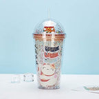 Lucky Cat Cups with Straw Kitten Party Cup Travel Tumblers Adults Ice Coffee Mugs Women Reusable Plastic Water Bottle Birthday Gift (orange cat, 6.5 * 20 cm)