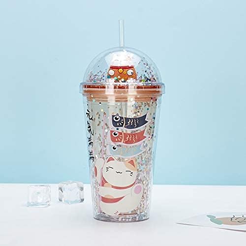 Lucky Cat Cups with Straw Kitten Party Cup Travel Tumblers Adults Ice Coffee Mugs Women Reusable Plastic Water Bottle Birthday Gift (orange cat, 6.5 * 20 cm)