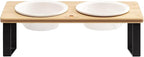 Sunhoo Ceramic Elevated Cat Bowls Raised Puppy Dishes for Food and Water Tilted Wooden Stand for Indoor Cats 5.5 inch Wide Double Dish Orthopedic Reduces Vomiting (Wood Color)
