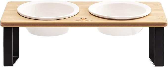 Sunhoo Ceramic Elevated Cat Bowls Raised Puppy Dishes for Food and Water Tilted Wooden Stand for Indoor Cats 5.5 inch Wide Double Dish Orthopedic Reduces Vomiting (Wood Color)