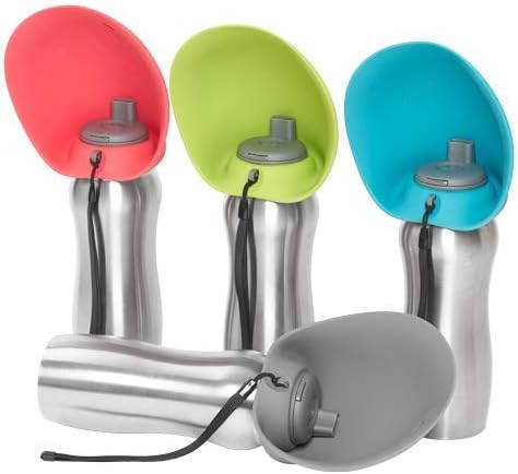 Messy Mutts Stainless Steel Travel Water Bottle with Silicone Flip Up Bowl | Pet Travel Necessity | Camping, Hiking, Walking Accessory | 24 oz / 700mL | Grey