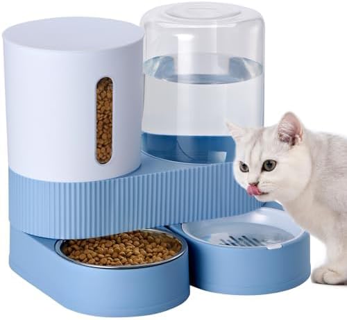 Automatic Dog Cat Water Dispenser Gravity Feeder and Water Dispenser Stainless Steel 2-in-1 Set Large Capacity Dispenser for Pets Dogs, Puppies, Kittens-Blue