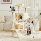 DUMOS 54-inch Indoor Cat Tree Tower –Multi-Level Pet House for Large Cats with 2 Condos, Scratching Posts, Round Platform, Small Ladder, and Toys, Beige