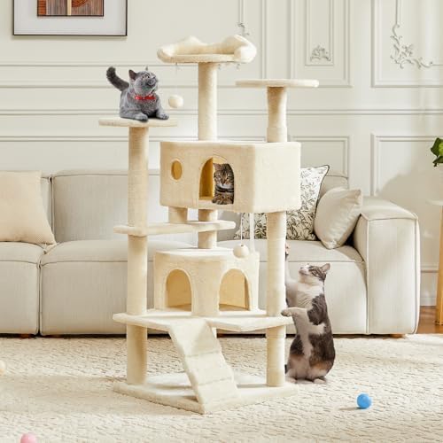 DUMOS 54-inch Indoor Cat Tree Tower –Multi-Level Pet House for Large Cats with 2 Condos, Scratching Posts, Round Platform, Small Ladder, and Toys, Beige
