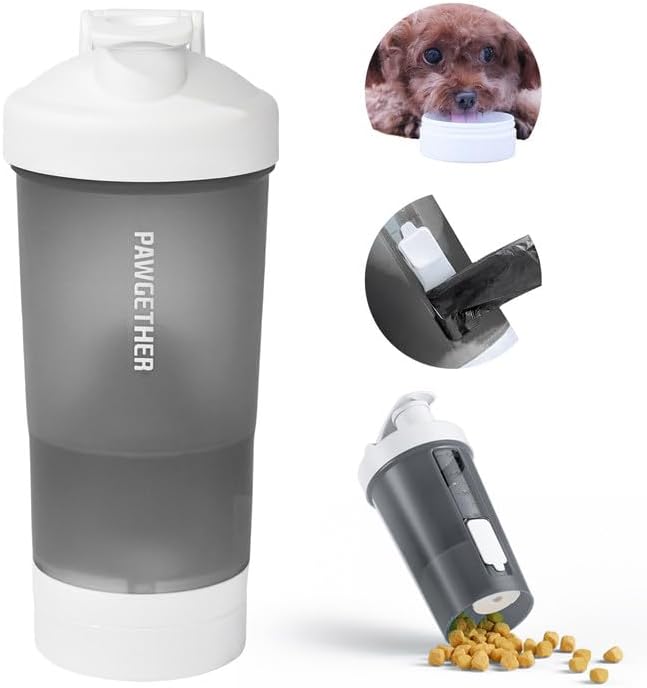 PAWGETHER® 4-in-1 Dog Water Bottle with Leak-Proof Portable Pet Water Bottle & Food Container & Poop Bag Dispenser & Built in Bowl for Outdoor Walking,Hiking,Travel(15oz for Water 5 oz for Food,Grey)
