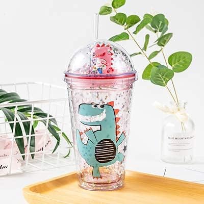 Dinosaur Cups with straw Travel Tumblers Water Bottle Ice Mugs Plastic Party Cup Birthday Gift (pink dinosaur, 6.5 * 20 cm)